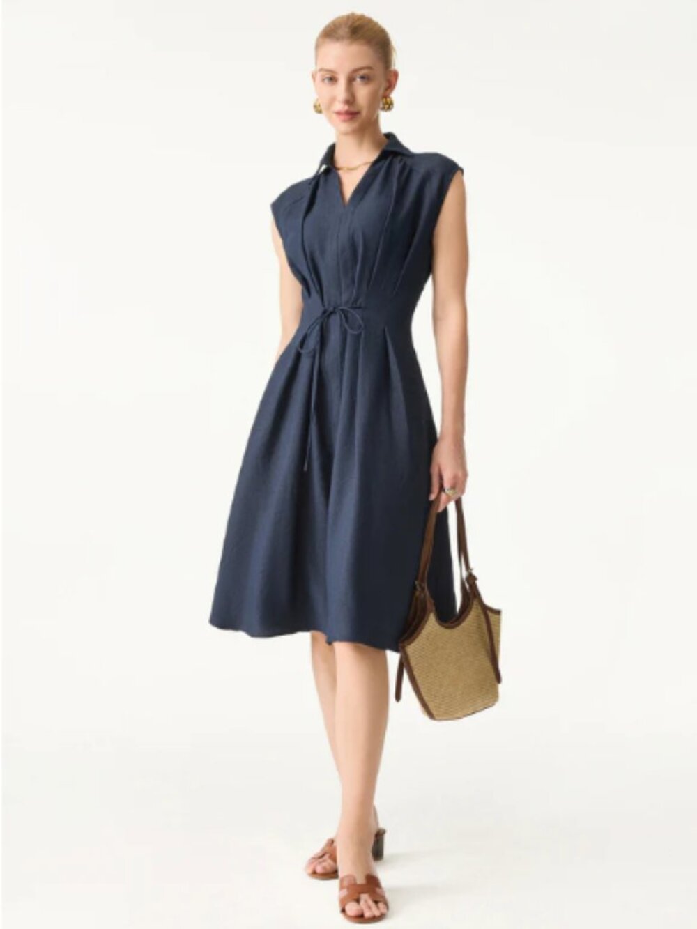 OGL Viscose-Linen Collared V-neck Midi Dress with Drawstring